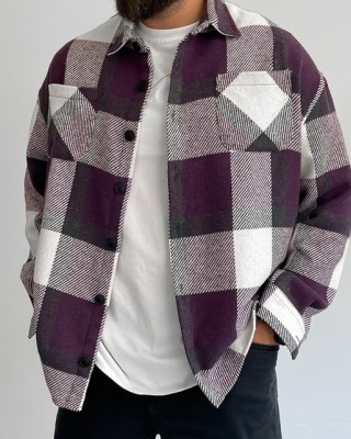 Men's plaid thickened long sleeve shirt jacket HF0210-03-03
